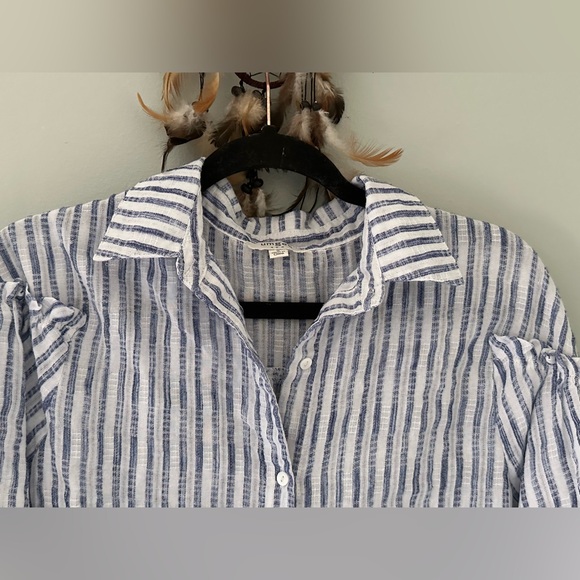 Umgee Button Up Blouse Women's Size S Blue White Striped Long Balloon Sleeves - Picture 4 of 16
